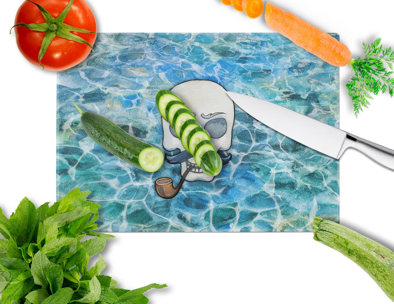 Skeleton Skull Pirate Cutting Board Tempered Glass Kitchen Cutting Surface, Heat Resistant Chopping, Non-Slip Feet, Food Prep & Serving