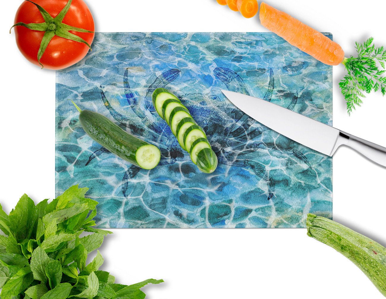 Crab Under water Cutting Board Tempered Glass Kitchen Cutting Surface, Heat Resistant Chopping, Non-Slip Feet, Food Prep & Serving