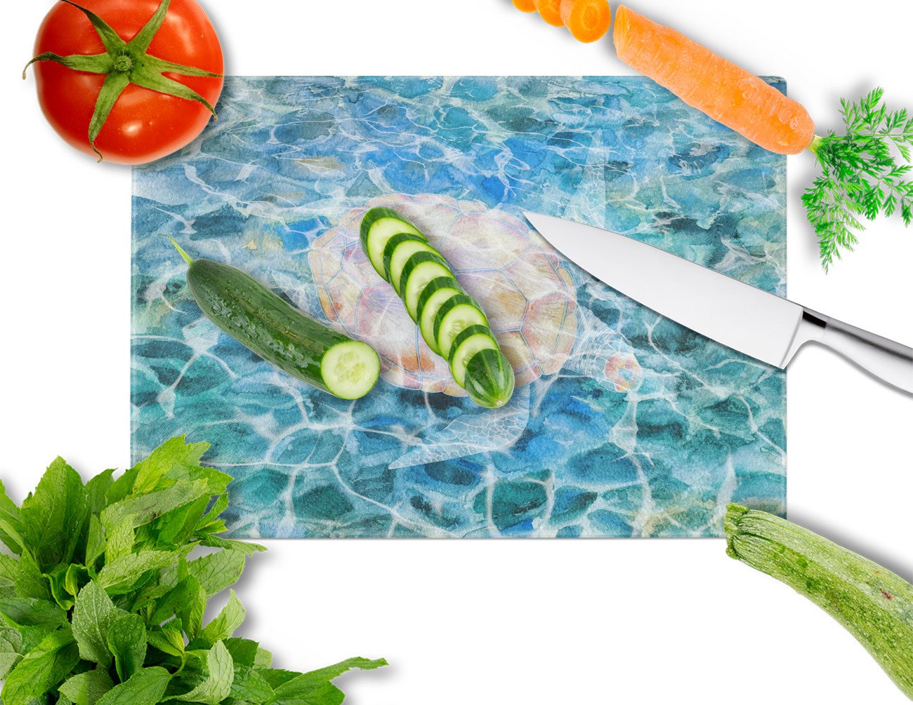Sea Turtle Under water Cutting Board Tempered Glass Kitchen Cutting Surface, Heat Resistant Chopping, Non-Slip Feet, Food Prep & Serving