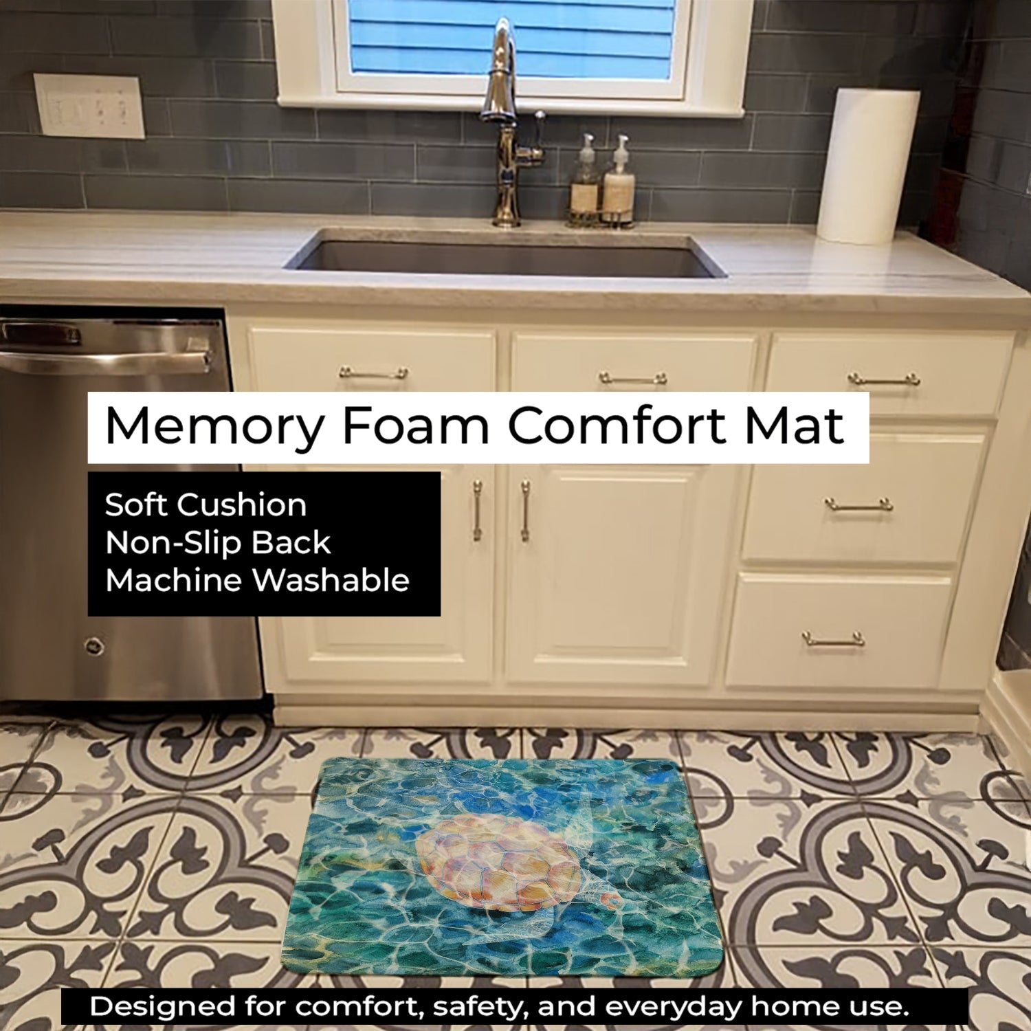 Sea Turtle Under water Memory Foam Kitchen Mat Machine Washable Anti-Fatigue Cushion Comfort Bath or Kitchen Rug