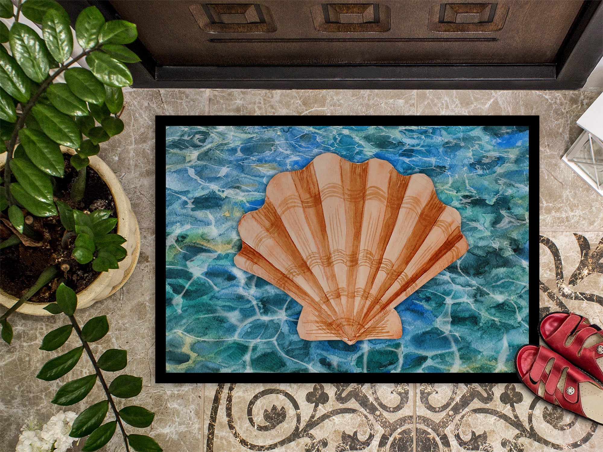Scallop Shell and Water Doormat Indoor Outdoor 18H X 27W Front Door Mat Rugs for Entryway, Non Slip Washable
