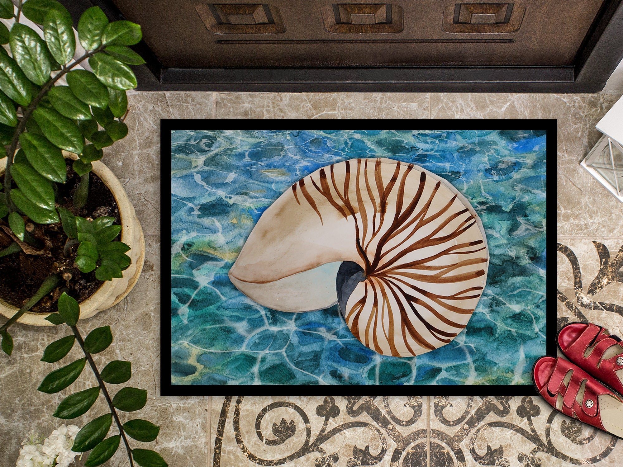 Sea Shell and Water Doormat Indoor Outdoor 24H X 36W Front Door Mat Rugs for Entryway, Non Slip Washable Low Pile,