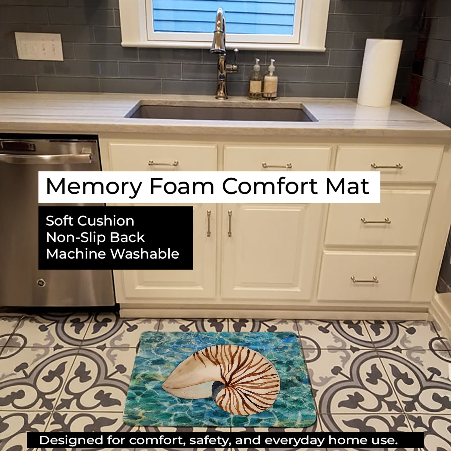 Sea Shell and Water Memory Foam Kitchen Mat Machine Washable Anti-Fatigue Cushion Comfort Bath or Kitchen Rug