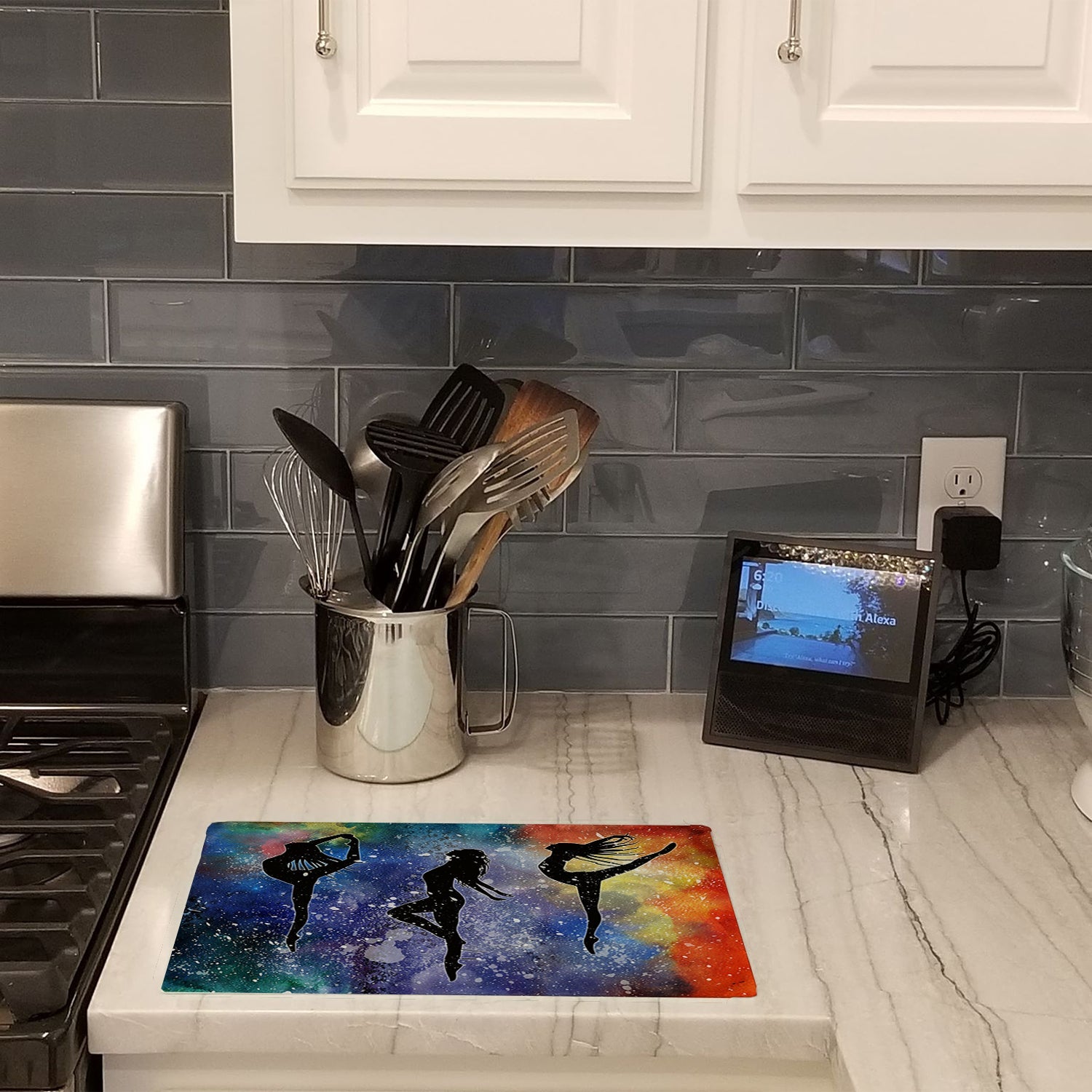 Dancers Cutting Board Tempered Glass Kitchen Cutting Surface, Heat Resistant Chopping, Non-Slip Feet, Food Prep & Serving