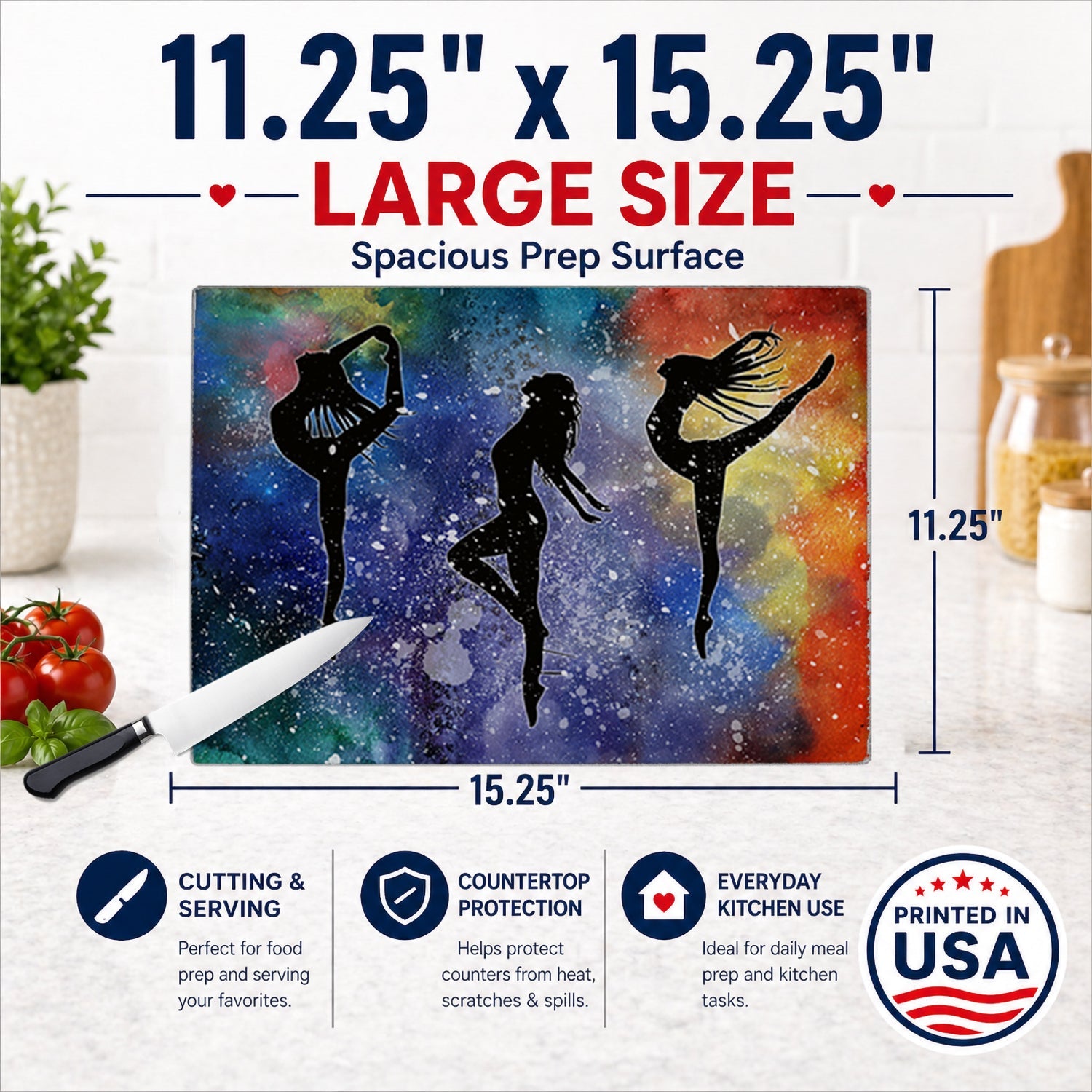 Dancers Cutting Board Tempered Glass Kitchen Cutting Surface, Heat Resistant Chopping, Non-Slip Feet, Food Prep & Serving