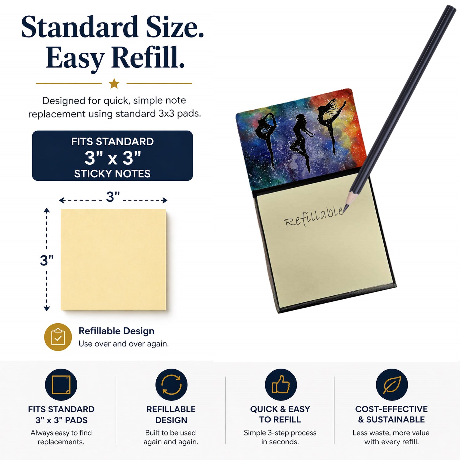 Dancers Watercolor Sticky Note Holder Refillable Dispenser Desk Accessory 3x3 Pad Gift