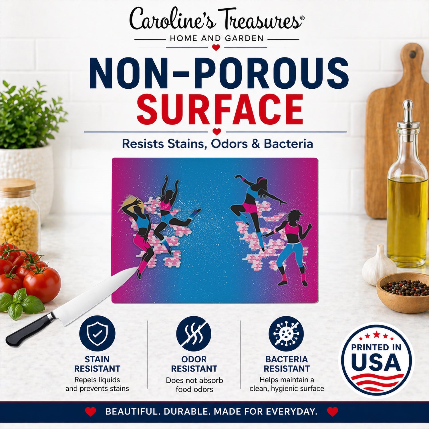 Hip Hop in Pink Blue Cutting Board Tempered Glass Kitchen Cutting Surface, Heat Resistant Chopping, Non-Slip Feet, Food Prep & Serving