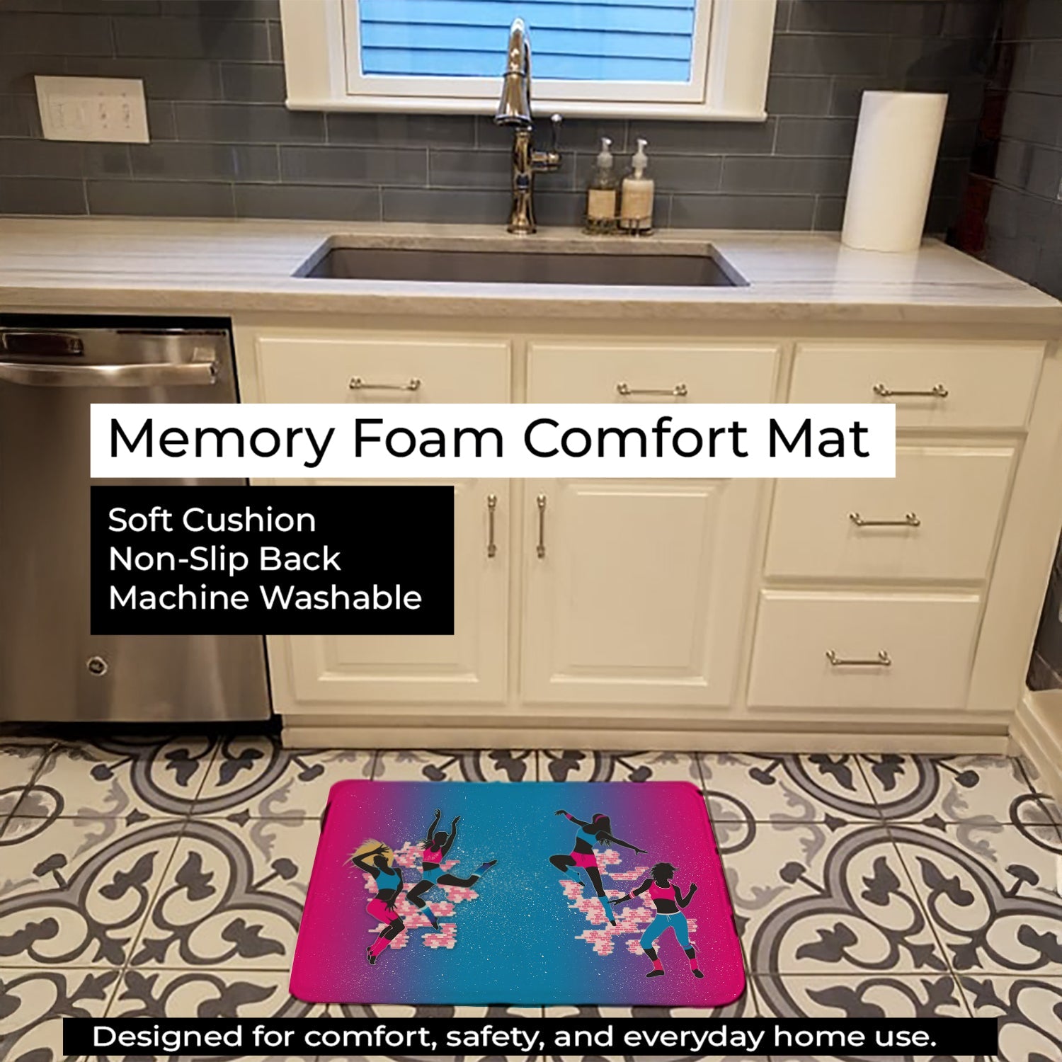 Hip Hop in Pink Blue Memory Foam Kitchen Mat Machine Washable Anti-Fatigue Cushion Comfort Bath or Kitchen Rug