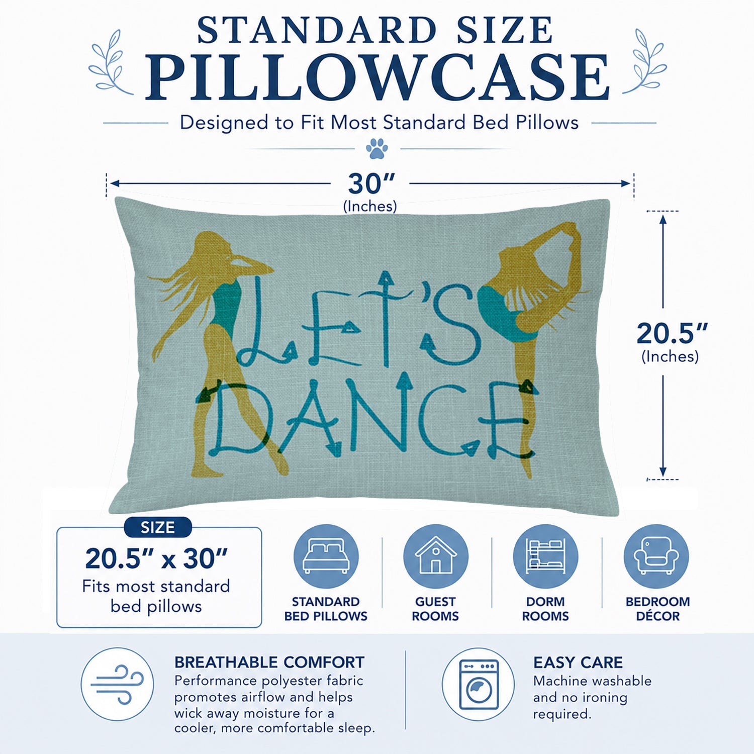 Let's Dance Linen Teal Standard Pillowcase Lightweight Super Soft Easy Care Decorative Artwork Pillowcase, Standard