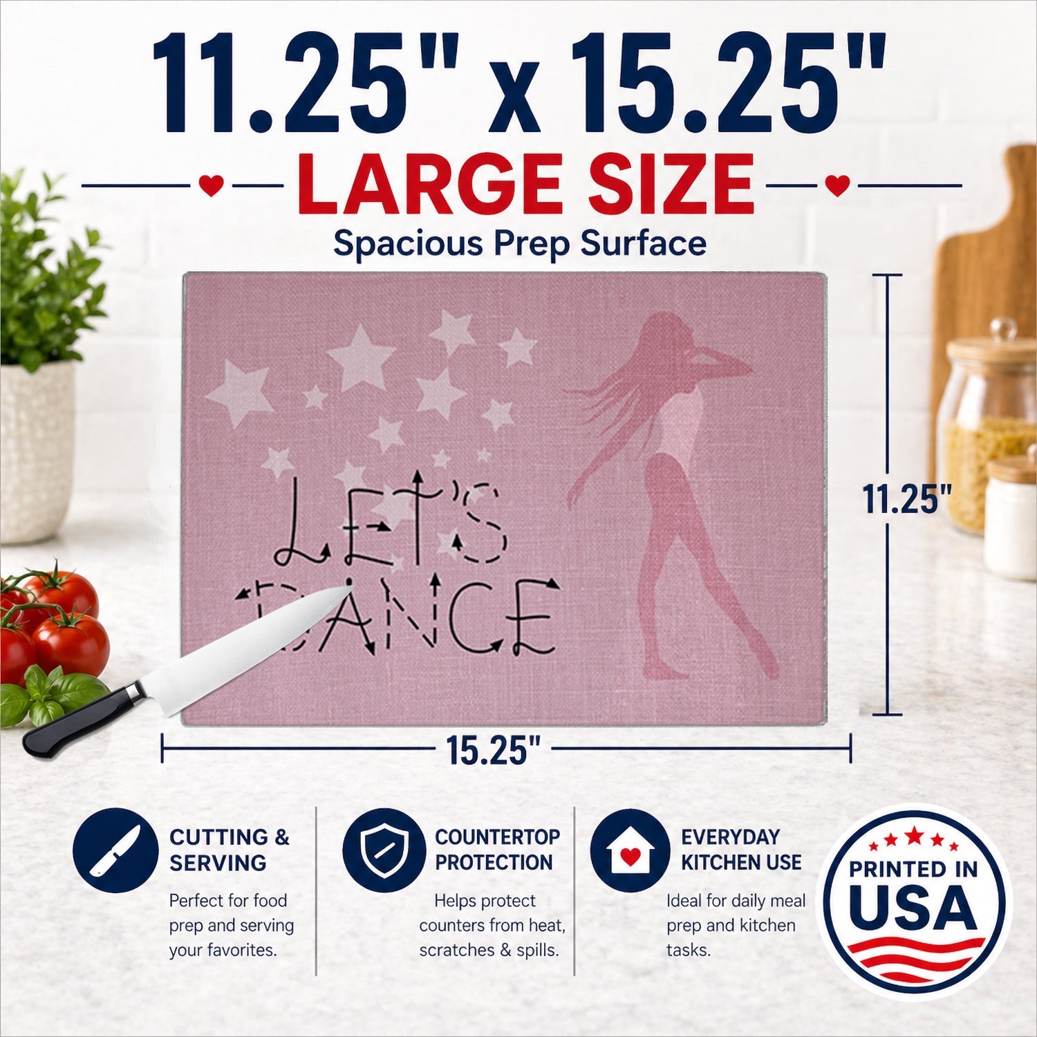 Let's Dance Linen Pink Cutting Board Tempered Glass Kitchen Cutting Surface, Heat Resistant Chopping, Non-Slip Feet, Food Prep & Serving