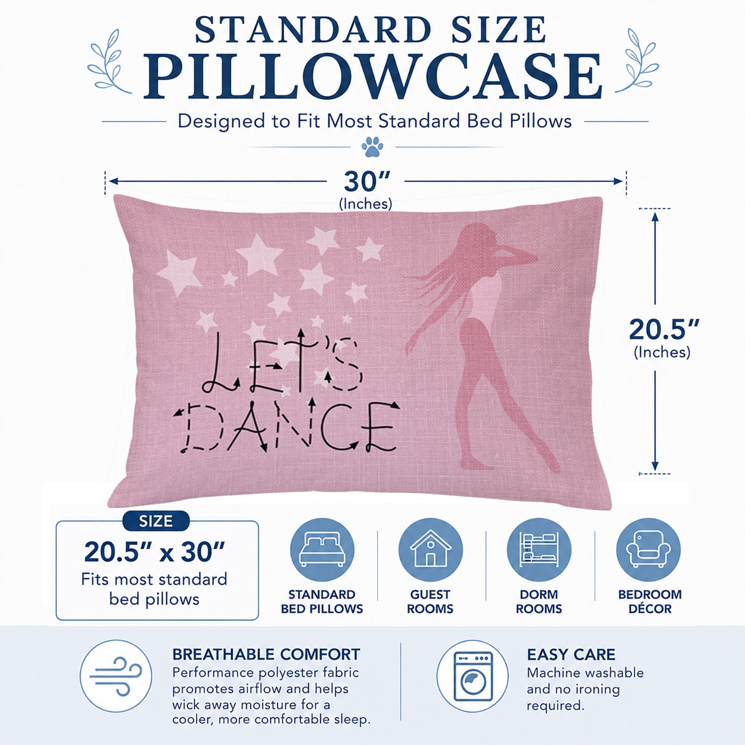 Let's Dance Linen Pink Standard Pillowcase Lightweight Super Soft Easy Care Decorative Artwork Pillowcase, Standard