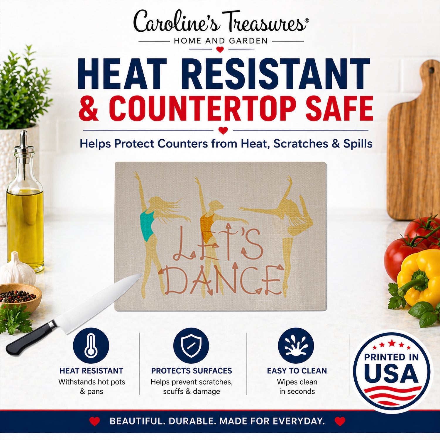 Let's Dance Linen Light Cutting Board Tempered Glass Kitchen Cutting Surface, Heat Resistant Chopping, Non-Slip Feet, Food Prep & Serving