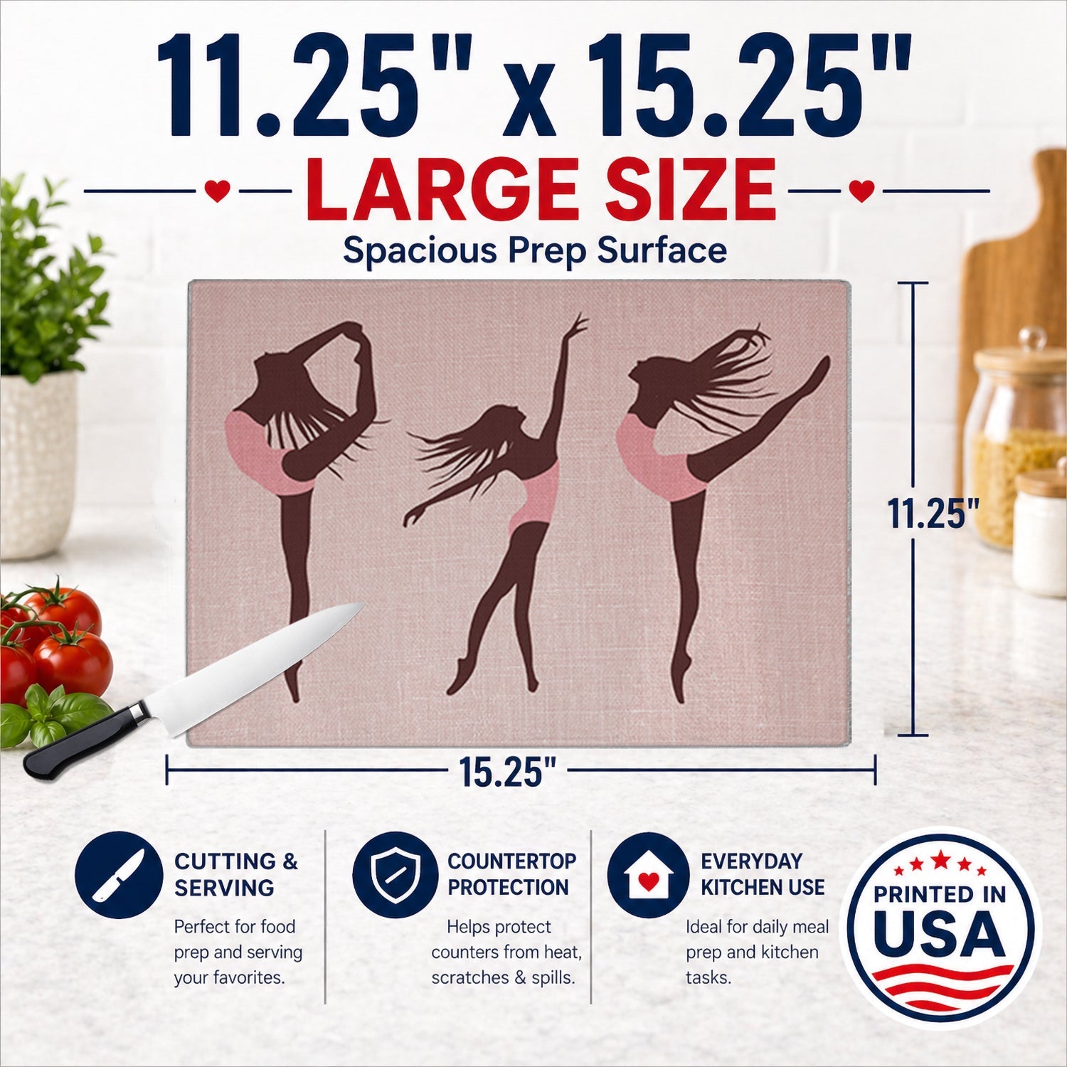 Dancers Linen Pink Cutting Board Tempered Glass Kitchen Cutting Surface, Heat Resistant Chopping, Non-Slip Feet, Food Prep & Serving