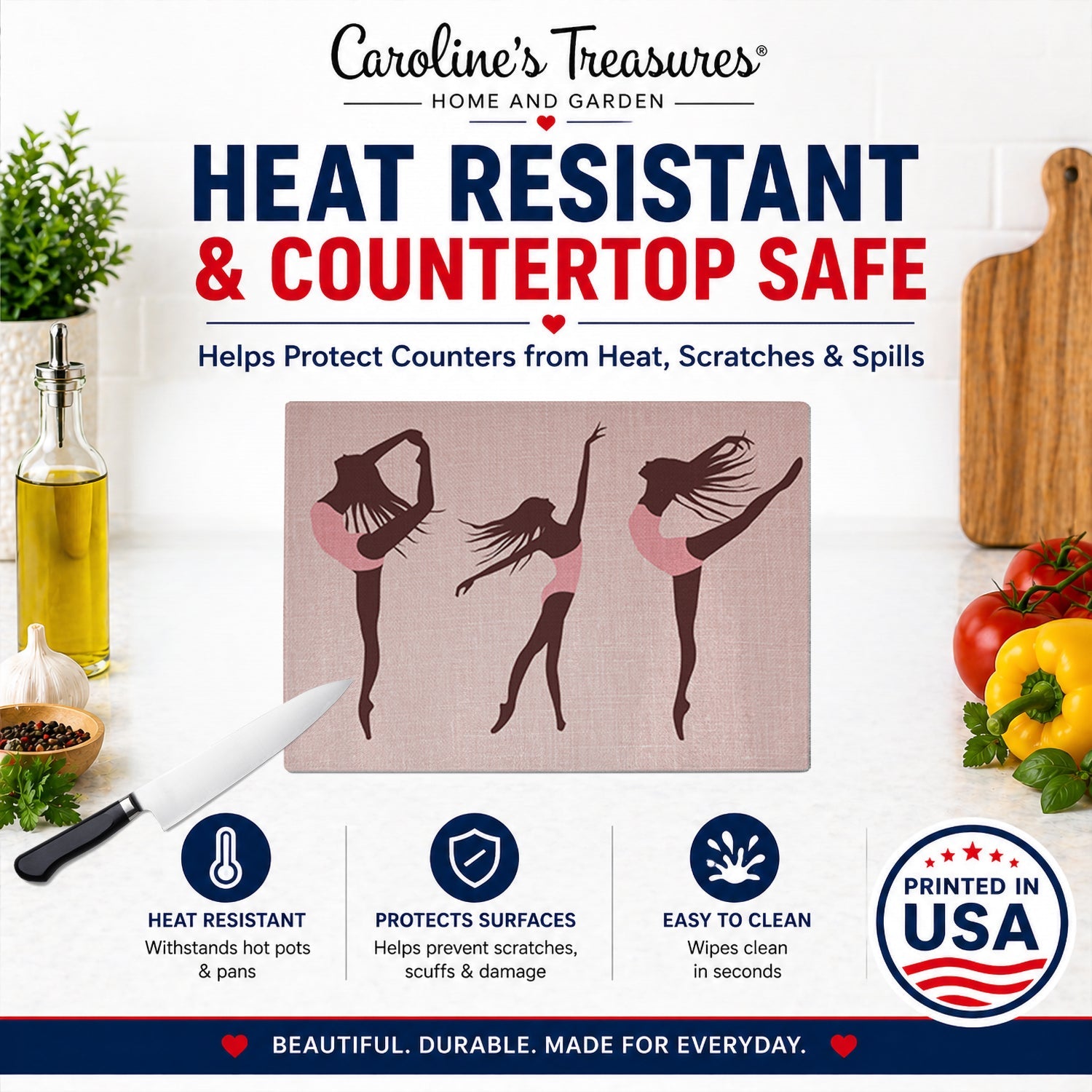 Dancers Linen Pink Cutting Board Tempered Glass Kitchen Cutting Surface, Heat Resistant Chopping, Non-Slip Feet, Food Prep & Serving