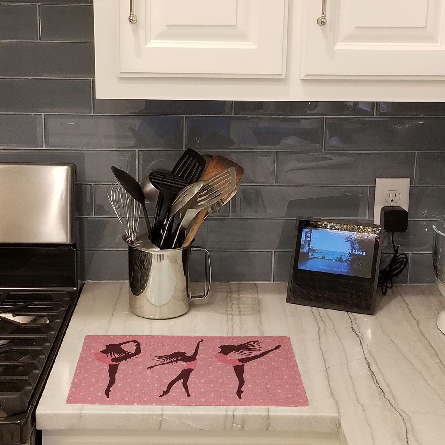 Dancers Linen Pink Polkadots Cutting Board Tempered Glass Kitchen Cutting Surface, Heat Resistant Chopping, Non-Slip Feet, Food Prep & Serving