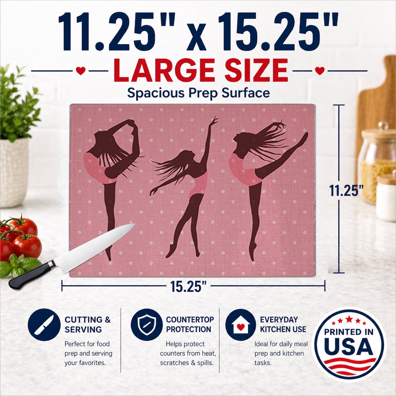 Dancers Linen Pink Polkadots Cutting Board Tempered Glass Kitchen Cutting Surface, Heat Resistant Chopping, Non-Slip Feet, Food Prep & Serving