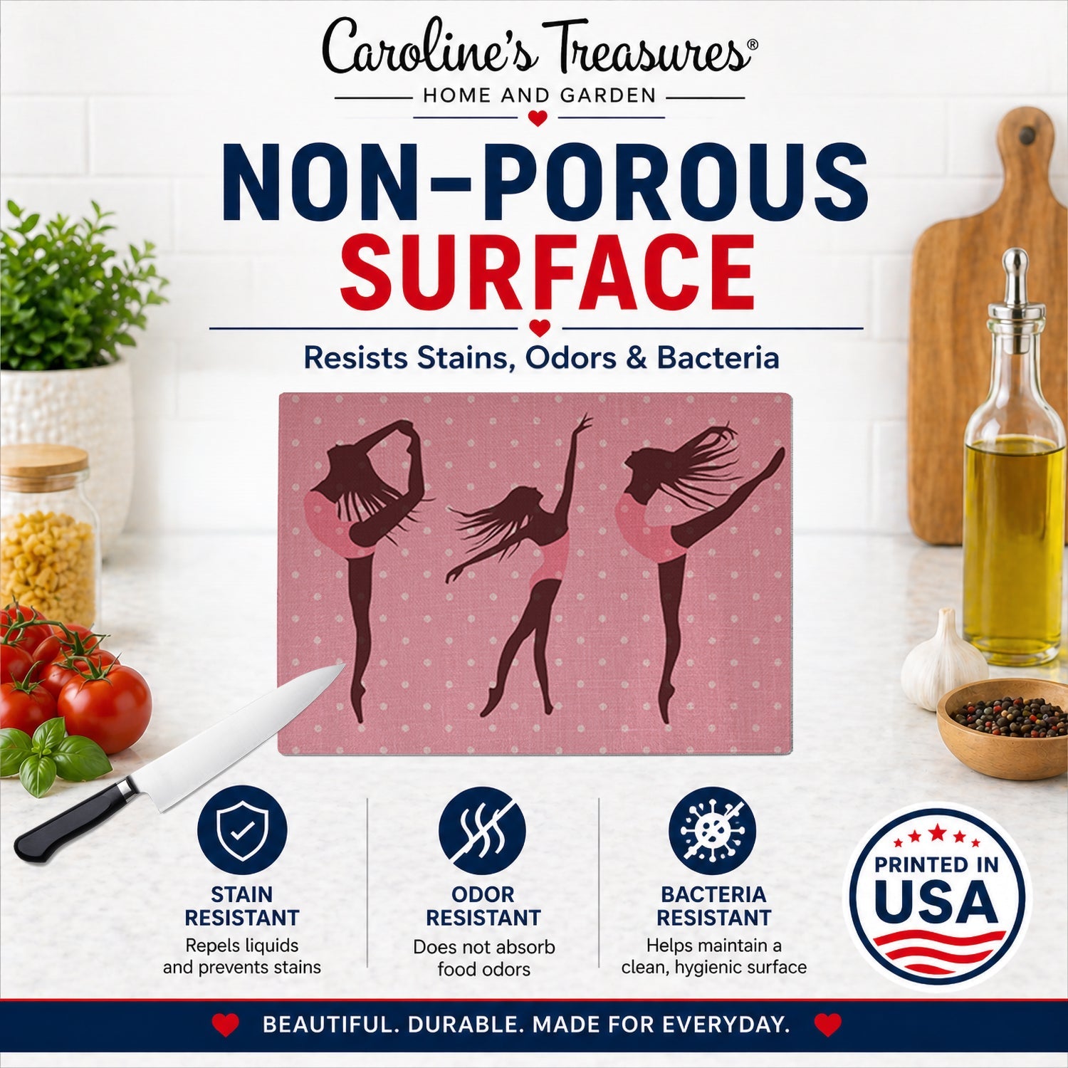 Dancers Linen Pink Polkadots Cutting Board Tempered Glass Kitchen Cutting Surface, Heat Resistant Chopping, Non-Slip Feet, Food Prep & Serving
