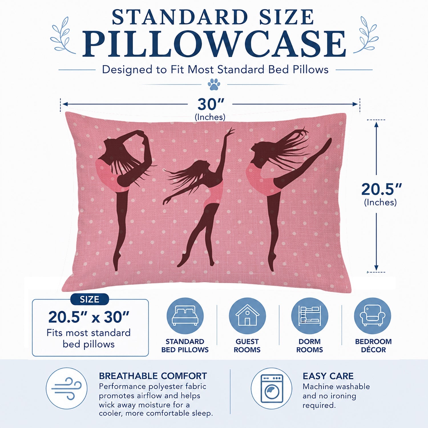 Dancers Linen Pink Polkadots Standard Pillowcase Lightweight Super Soft Easy Care Decorative Artwork Pillowcase, Standard