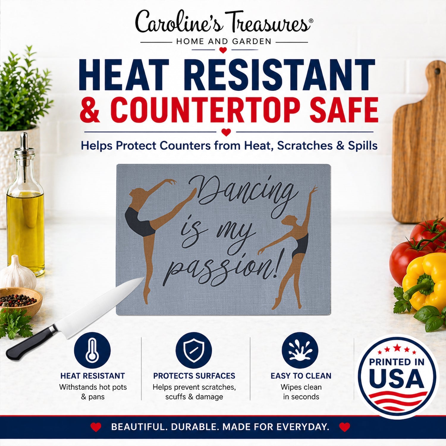Dancing is My Passion Cutting Board Tempered Glass Kitchen Cutting Surface, Heat Resistant Chopping, Non-Slip Feet, Food Prep & Serving