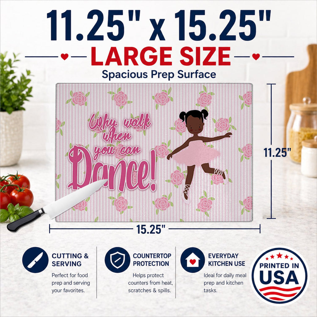 Ballet African American Pigtails Cutting Board Tempered Glass Kitchen Cutting Surface, Heat Resistant Chopping, Non-Slip Feet, Food Prep & Serving