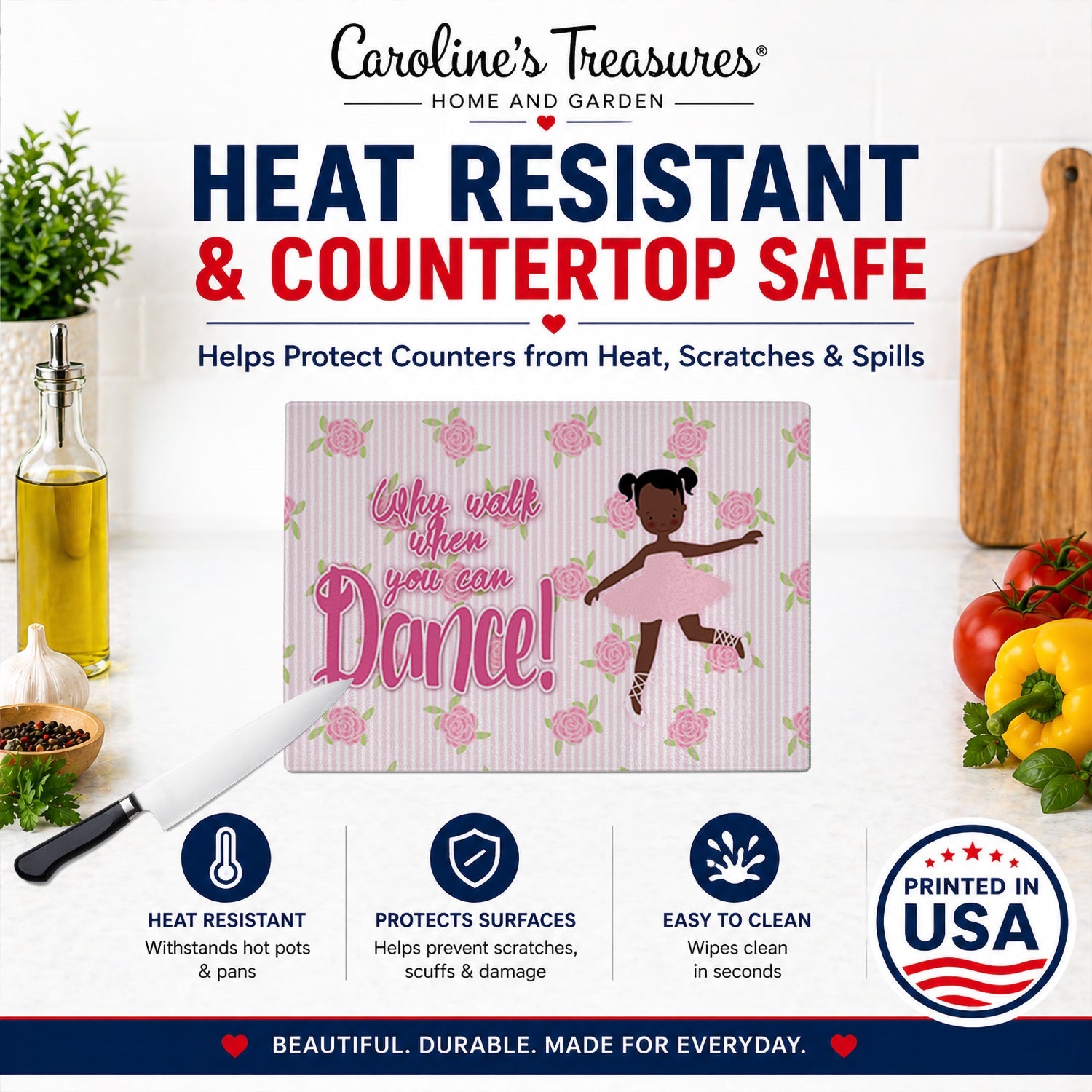 Ballet African American Pigtails Cutting Board Tempered Glass Kitchen Cutting Surface, Heat Resistant Chopping, Non-Slip Feet, Food Prep & Serving