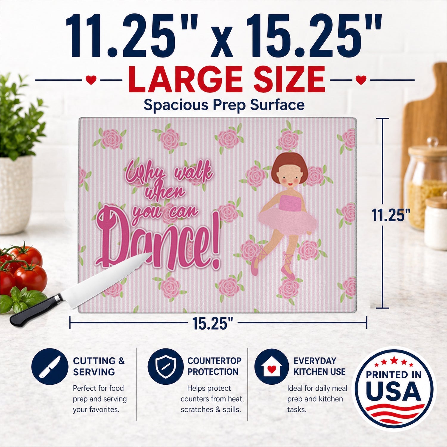 Ballet Red Short Hair Cutting Board Tempered Glass Kitchen Cutting Surface, Heat Resistant Chopping, Non-Slip Feet, Food Prep & Serving