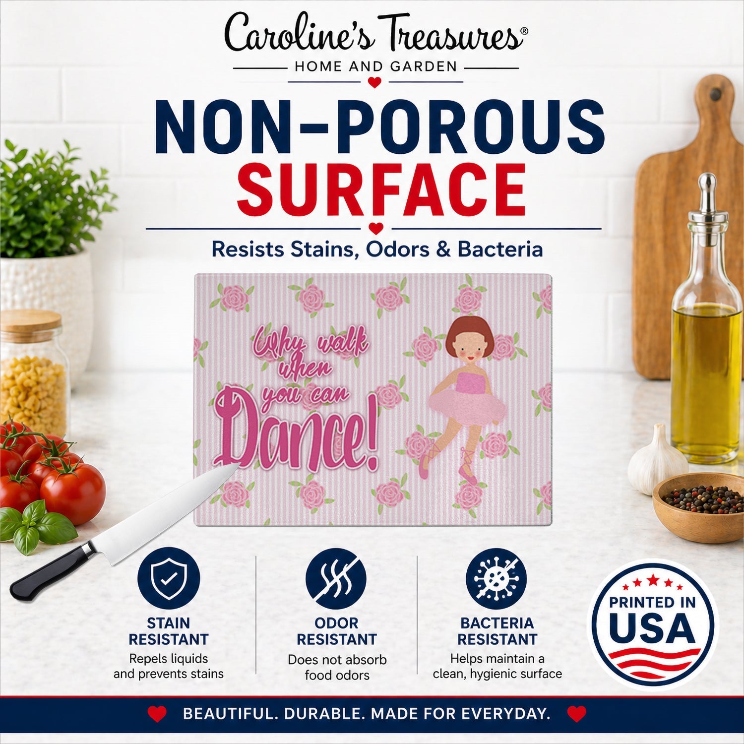 Ballet Red Short Hair Cutting Board Tempered Glass Kitchen Cutting Surface, Heat Resistant Chopping, Non-Slip Feet, Food Prep & Serving