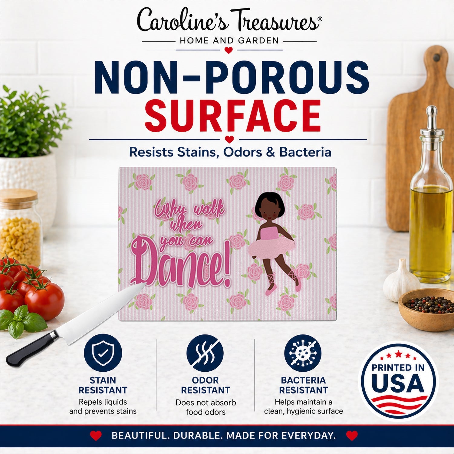 Ballet African American Short Hair Cutting Board Tempered Glass Kitchen Cutting Surface, Heat Resistant Chopping, Non-Slip Feet, Food Prep & Serving
