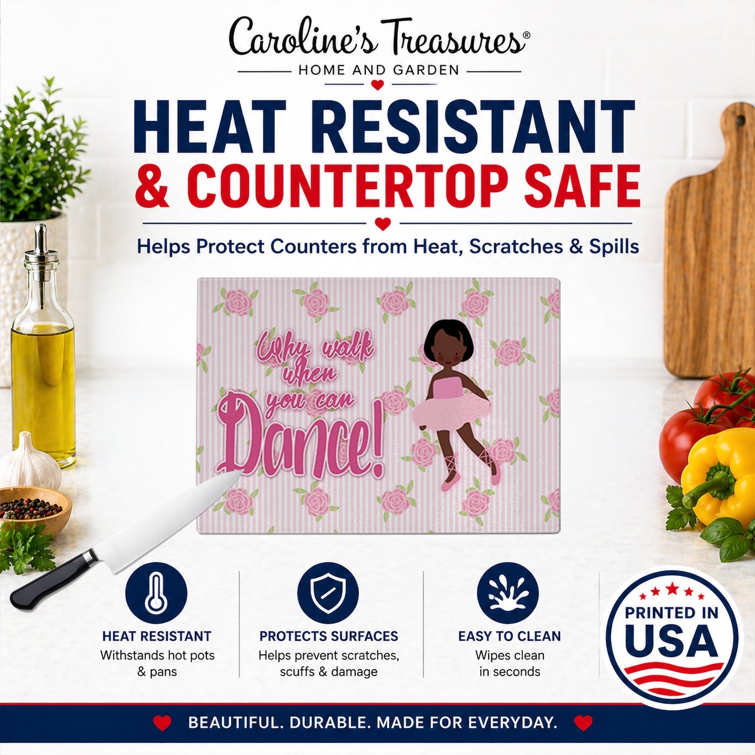 Ballet African American Short Hair Cutting Board Tempered Glass Kitchen Cutting Surface, Heat Resistant Chopping, Non-Slip Feet, Food Prep & Serving