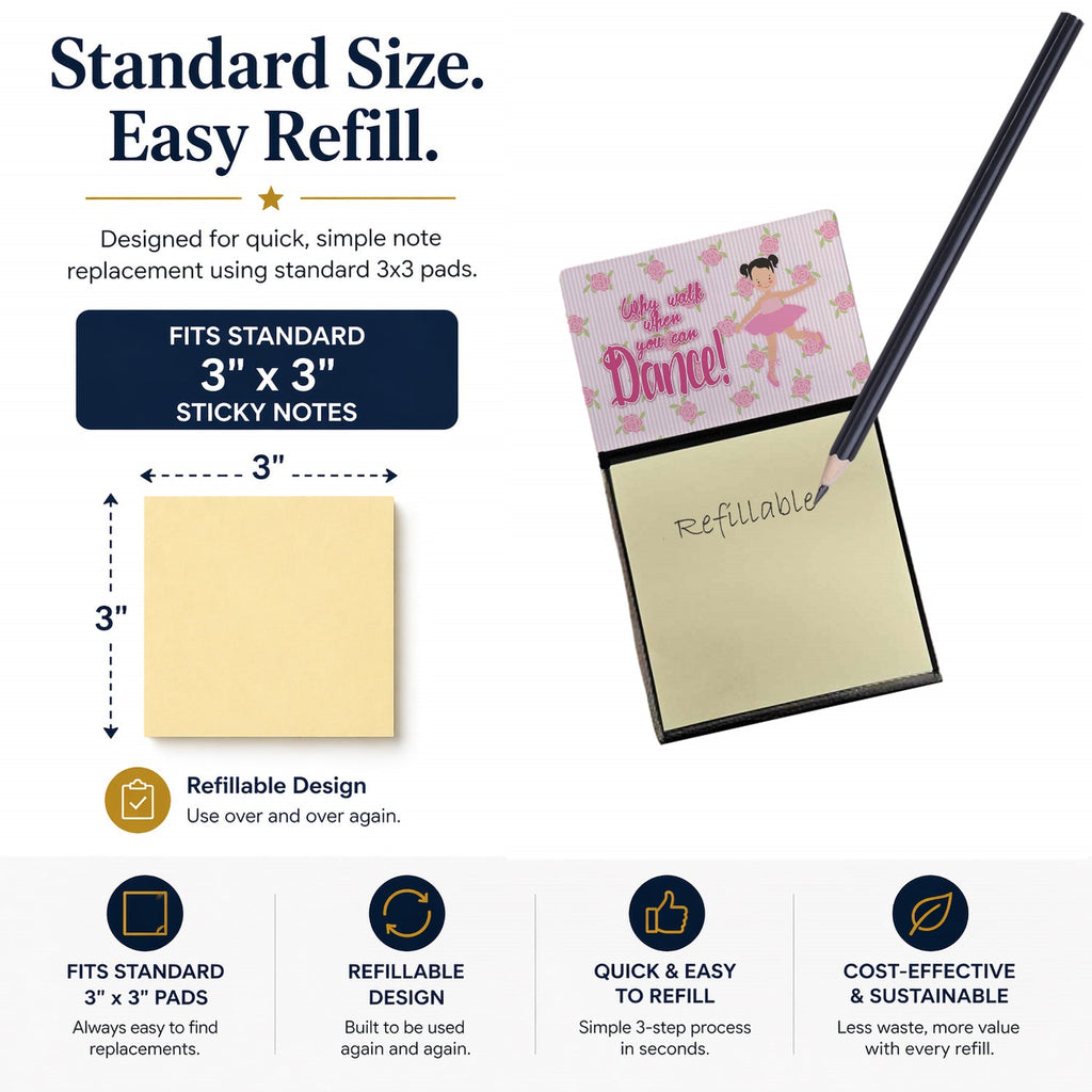 Ballet Pigtails Watercolor Sticky Note Holder Refillable Dispenser Desk Accessory 3x3 Pad Gift