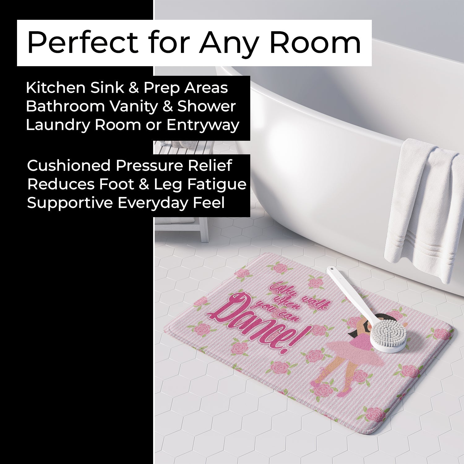 Ballet Long Dark Hair Memory Foam Kitchen Mat Machine Washable Anti-Fatigue Cushion Comfort Bath or Kitchen Rug