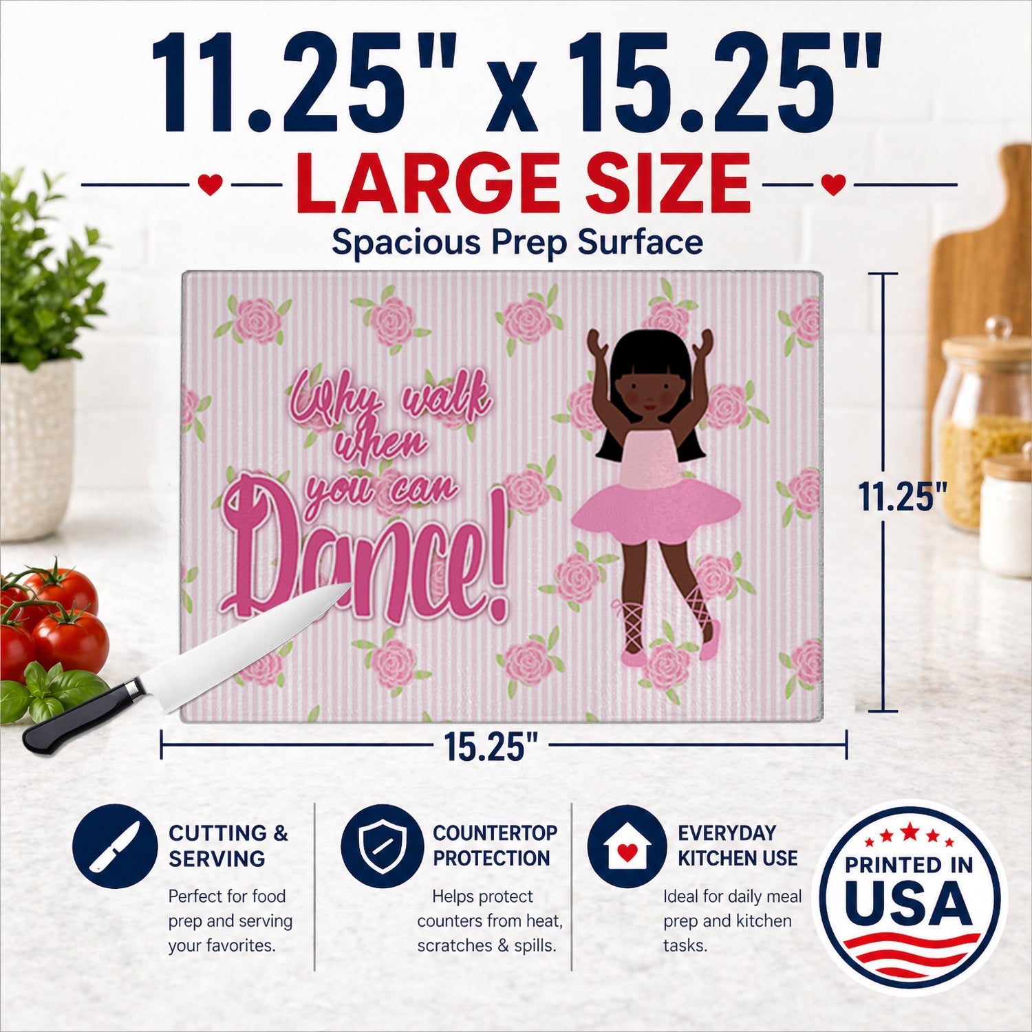 Ballet Long Hair African American Cutting Board Tempered Glass Kitchen Cutting Surface, Heat Resistant Chopping, Non-Slip Feet, Food Prep & Serving