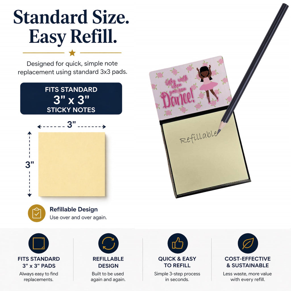 Ballet Long Hair African American Watercolor Sticky Note Holder Refillable Dispenser Desk Accessory 3x3 Pad Gift
