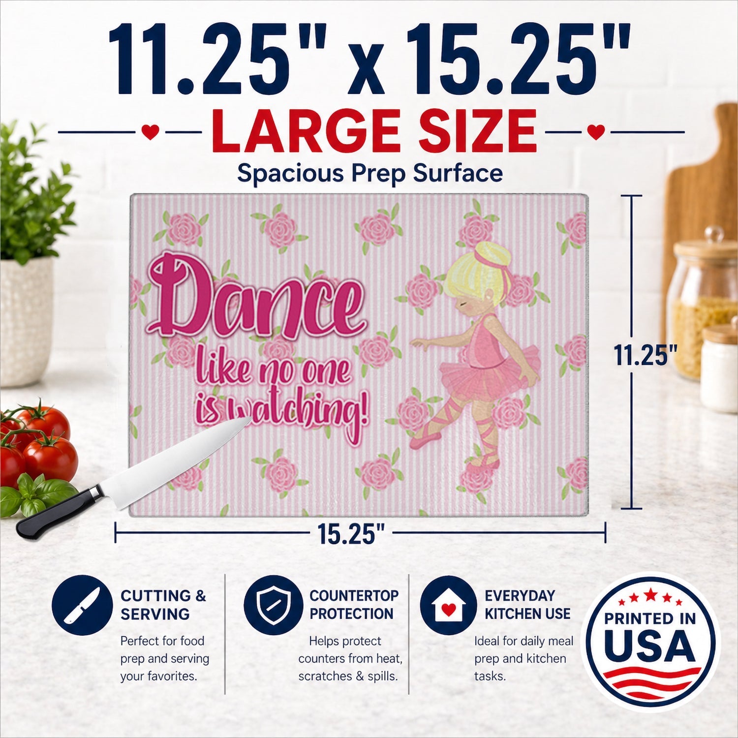 Ballet Dance Blonde Cutting Board Tempered Glass Kitchen Cutting Surface, Heat Resistant Chopping, Non-Slip Feet, Food Prep & Serving