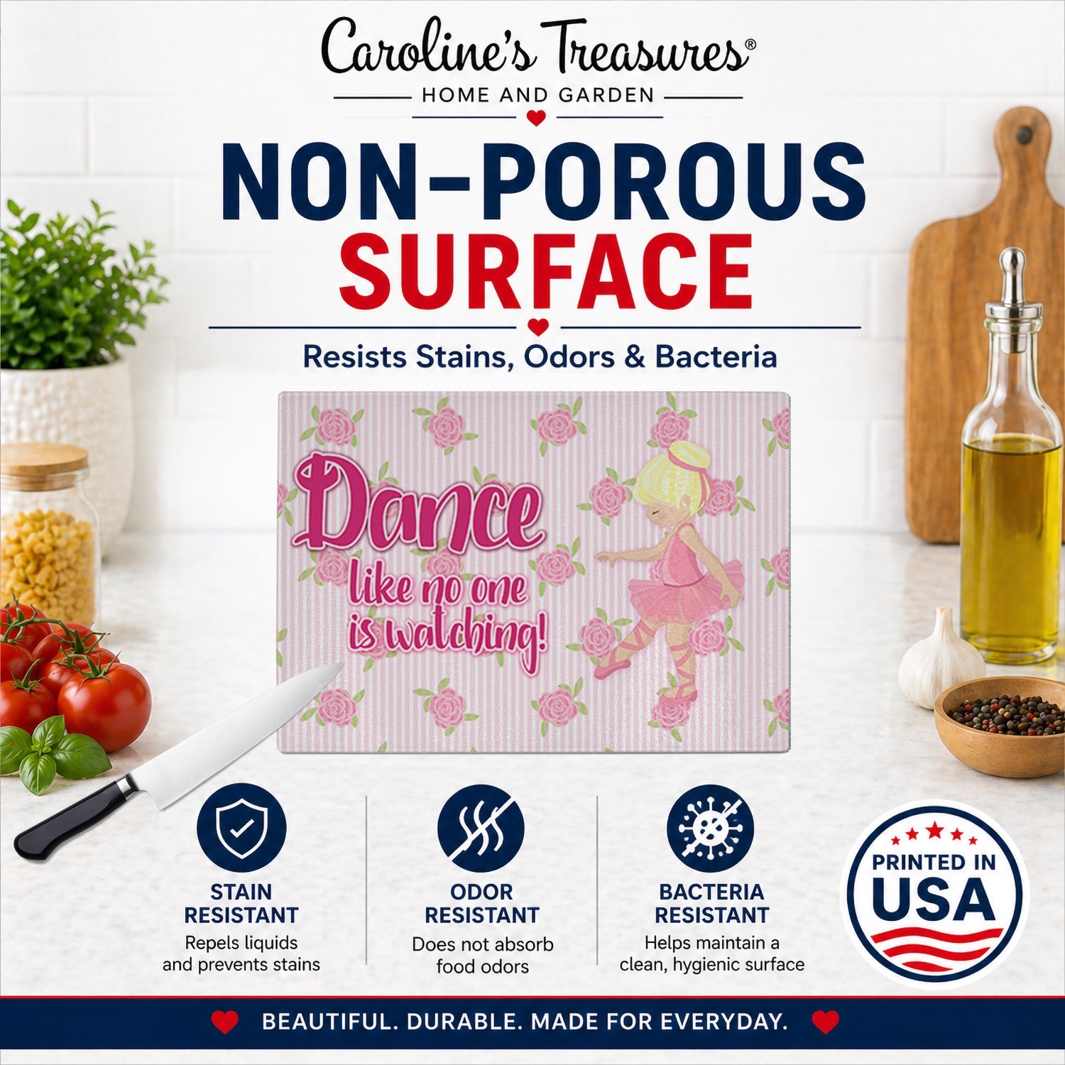 Ballet Dance Blonde Cutting Board Tempered Glass Kitchen Cutting Surface, Heat Resistant Chopping, Non-Slip Feet, Food Prep & Serving