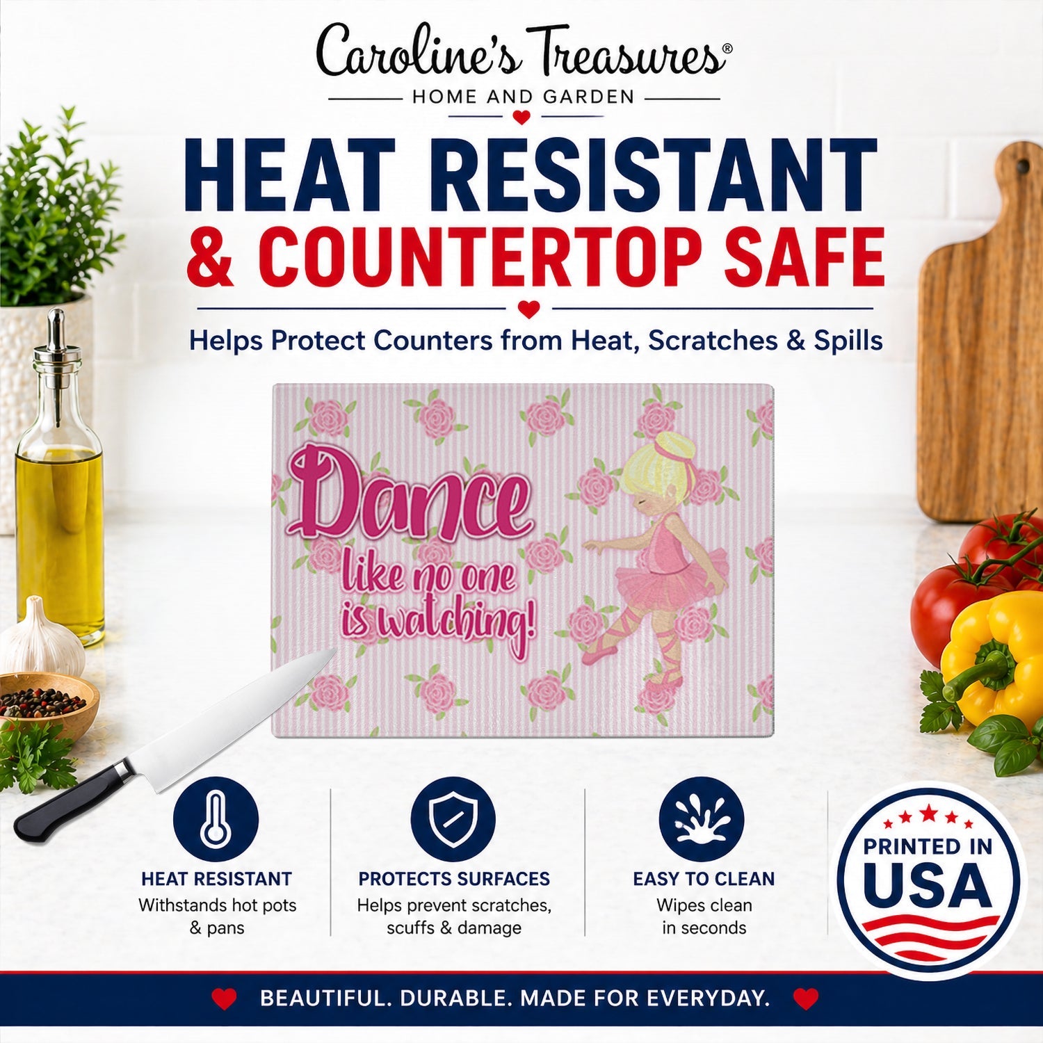 Ballet Dance Blonde Cutting Board Tempered Glass Kitchen Cutting Surface, Heat Resistant Chopping, Non-Slip Feet, Food Prep & Serving