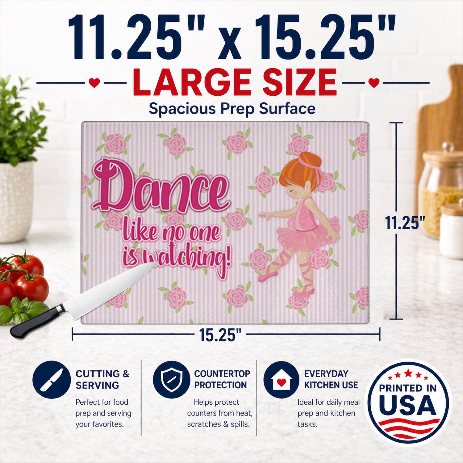 Ballet Dance Red Hair Cutting Board Tempered Glass Kitchen Cutting Surface, Heat Resistant Chopping, Non-Slip Feet, Food Prep & Serving