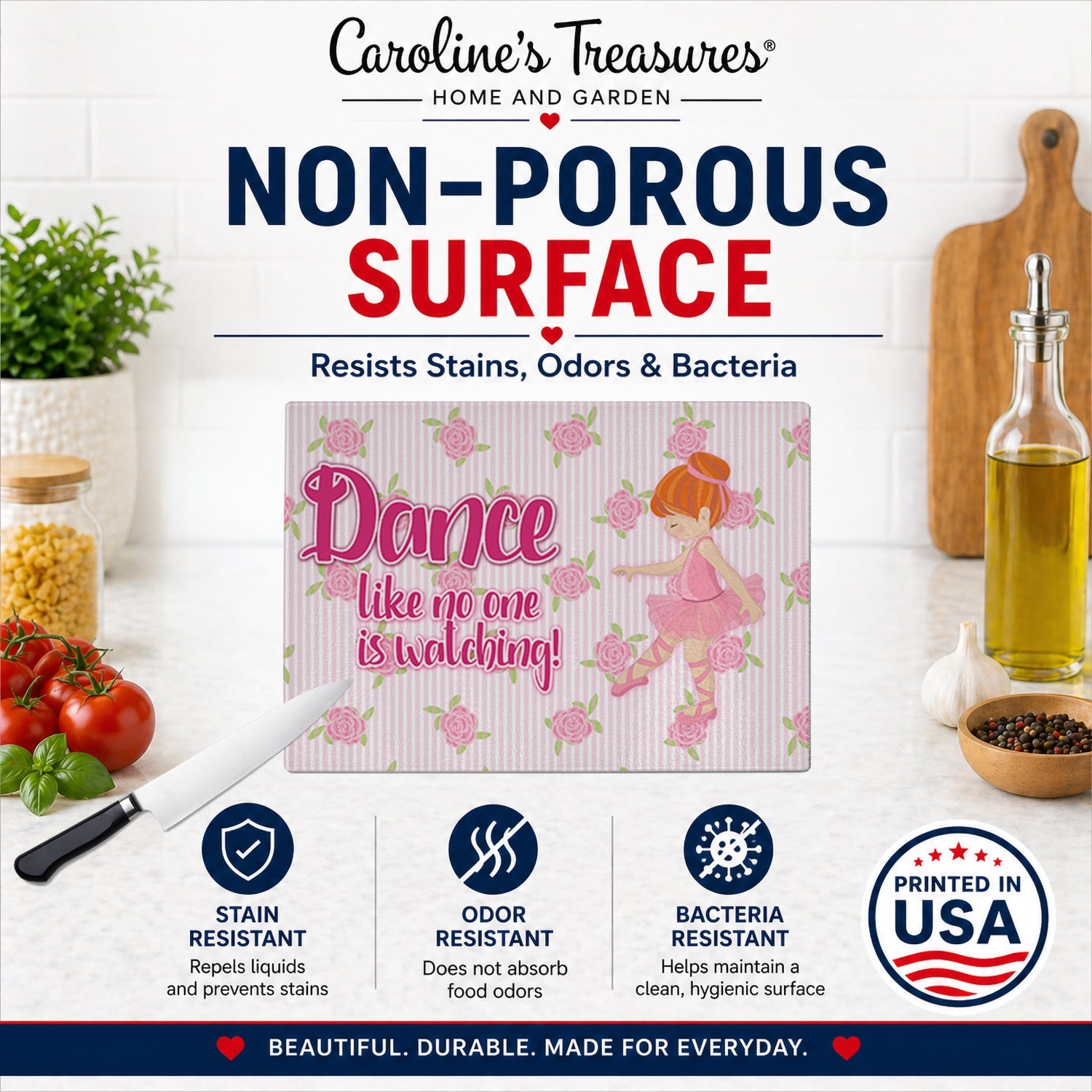 Ballet Dance Red Hair Cutting Board Tempered Glass Kitchen Cutting Surface, Heat Resistant Chopping, Non-Slip Feet, Food Prep & Serving