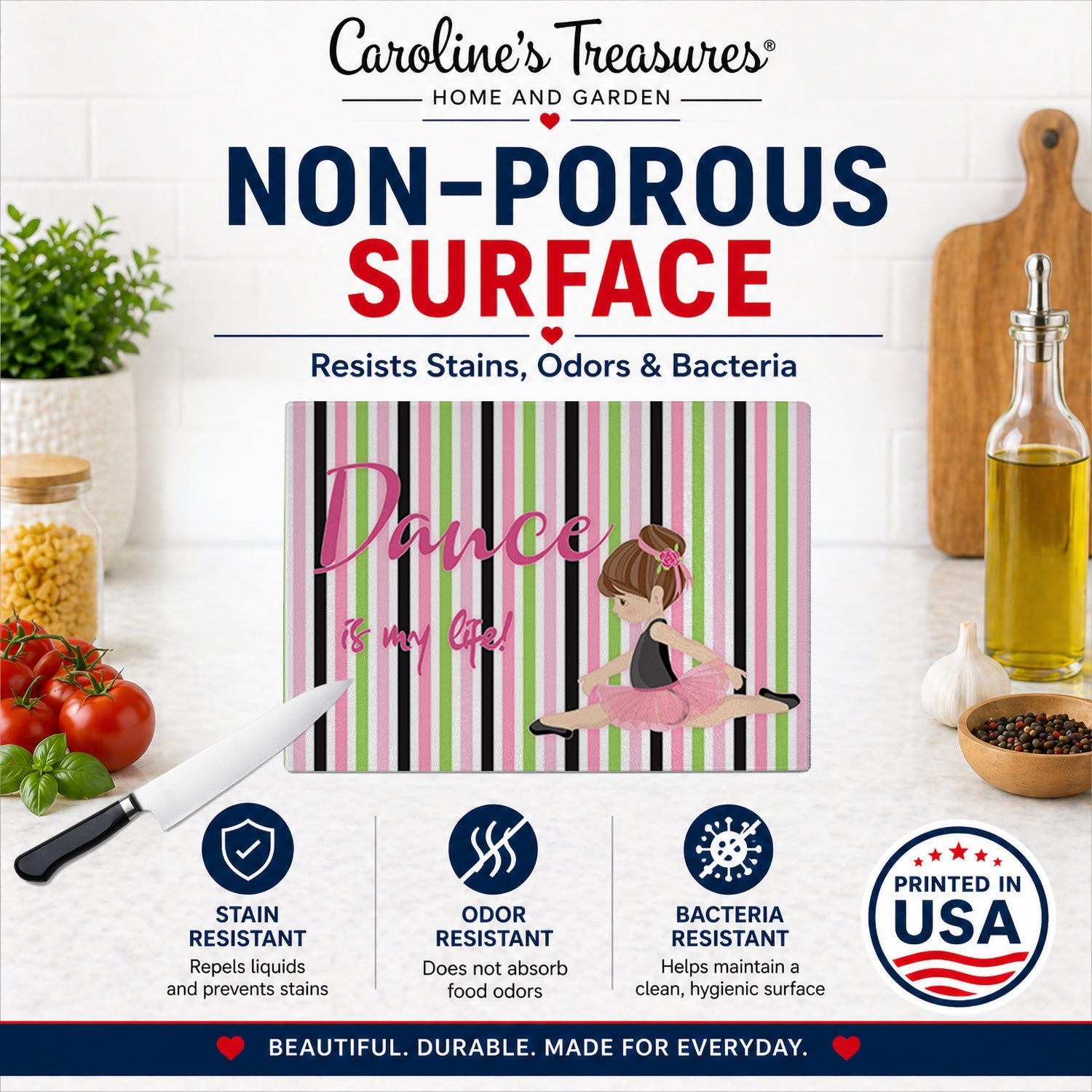 Ballet Dance is my Life Brunette Cutting Board Tempered Glass Kitchen Cutting Surface, Heat Resistant Chopping, Non-Slip Feet, Food Prep & Serving