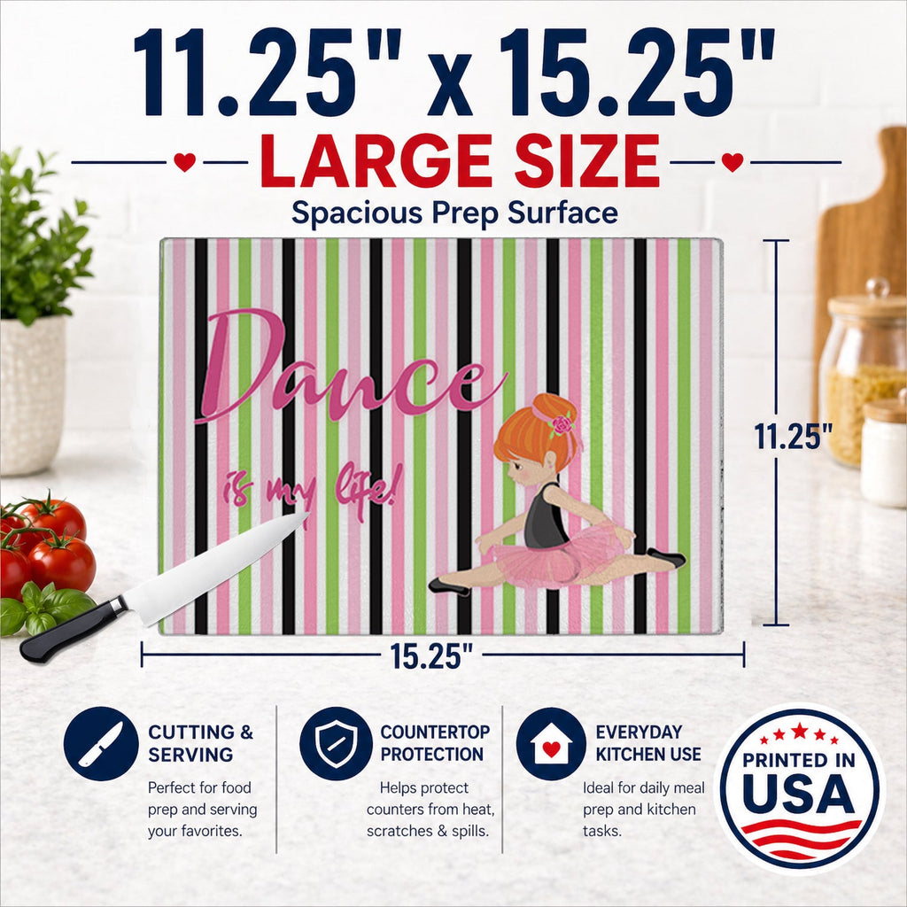 Ballet Dance is my Life Red Cutting Board Tempered Glass Kitchen Cutting Surface, Heat Resistant Chopping, Non-Slip Feet, Food Prep & Serving