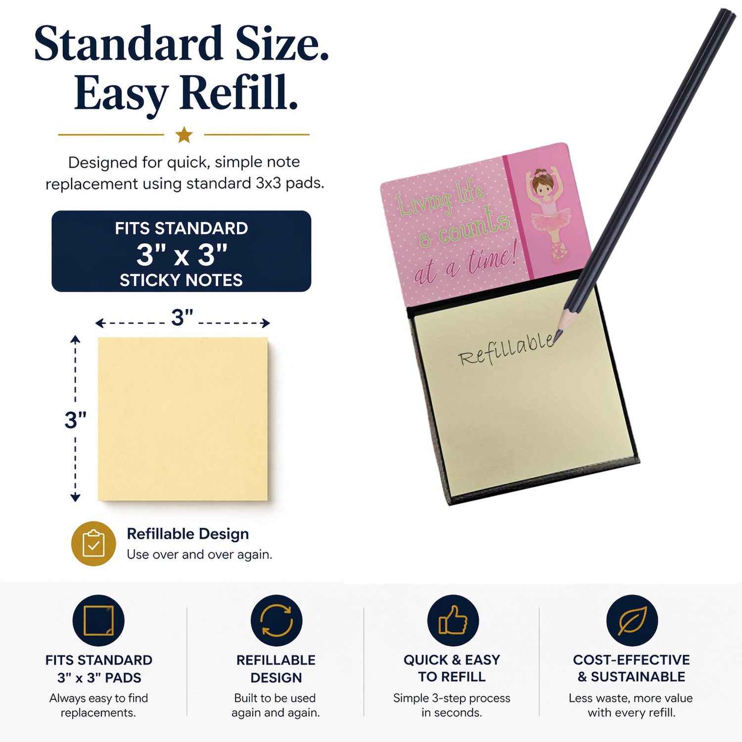 Ballet in 8 Counts Brunette Watercolor Sticky Note Holder Refillable Dispenser Desk Accessory 3x3 Pad Gift