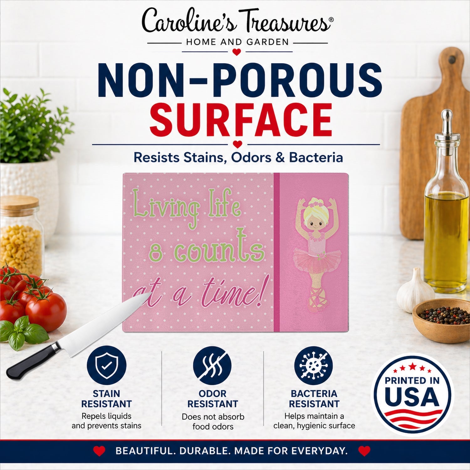 Ballet in 8 Counts Blonde Cutting Board Tempered Glass Kitchen Cutting Surface, Heat Resistant Chopping, Non-Slip Feet, Food Prep & Serving