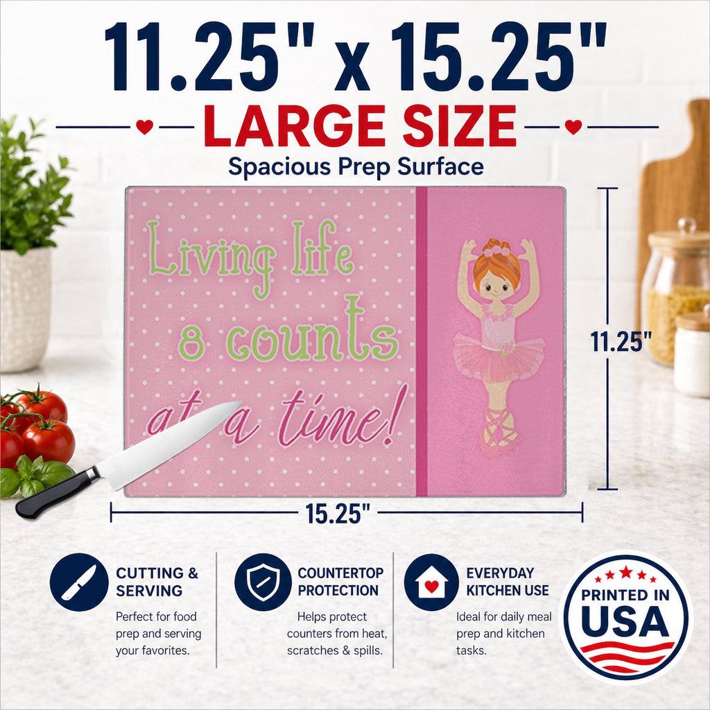 Ballet in 8 Counts Red Hair Cutting Board Tempered Glass Kitchen Cutting Surface, Heat Resistant Chopping, Non-Slip Feet, Food Prep & Serving