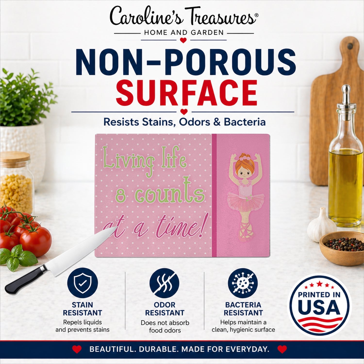 Ballet in 8 Counts Red Hair Cutting Board Tempered Glass Kitchen Cutting Surface, Heat Resistant Chopping, Non-Slip Feet, Food Prep & Serving
