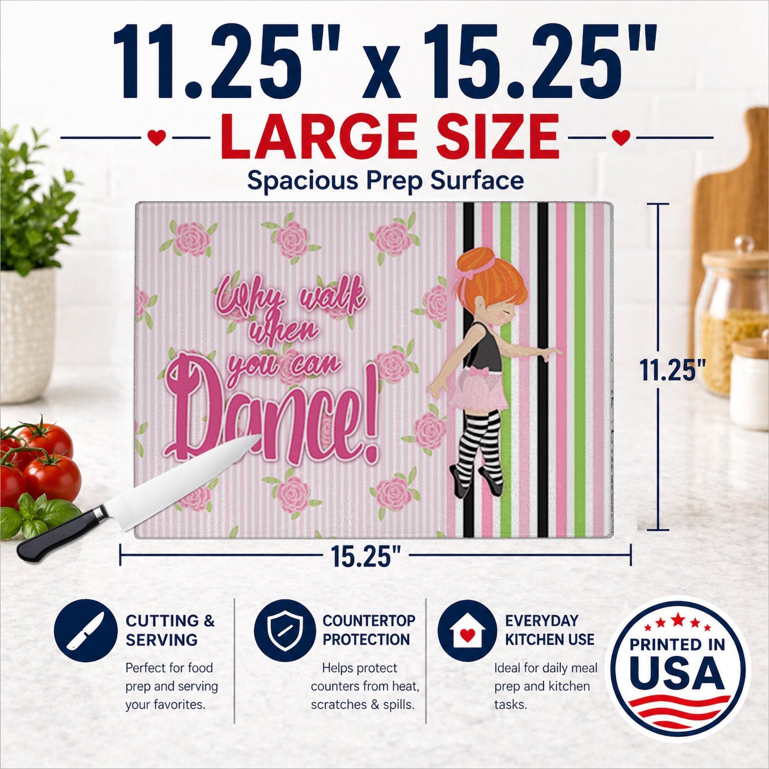Ballet Dance Stripes Red Hair Cutting Board Tempered Glass Kitchen Cutting Surface, Heat Resistant Chopping, Non-Slip Feet, Food Prep & Serving