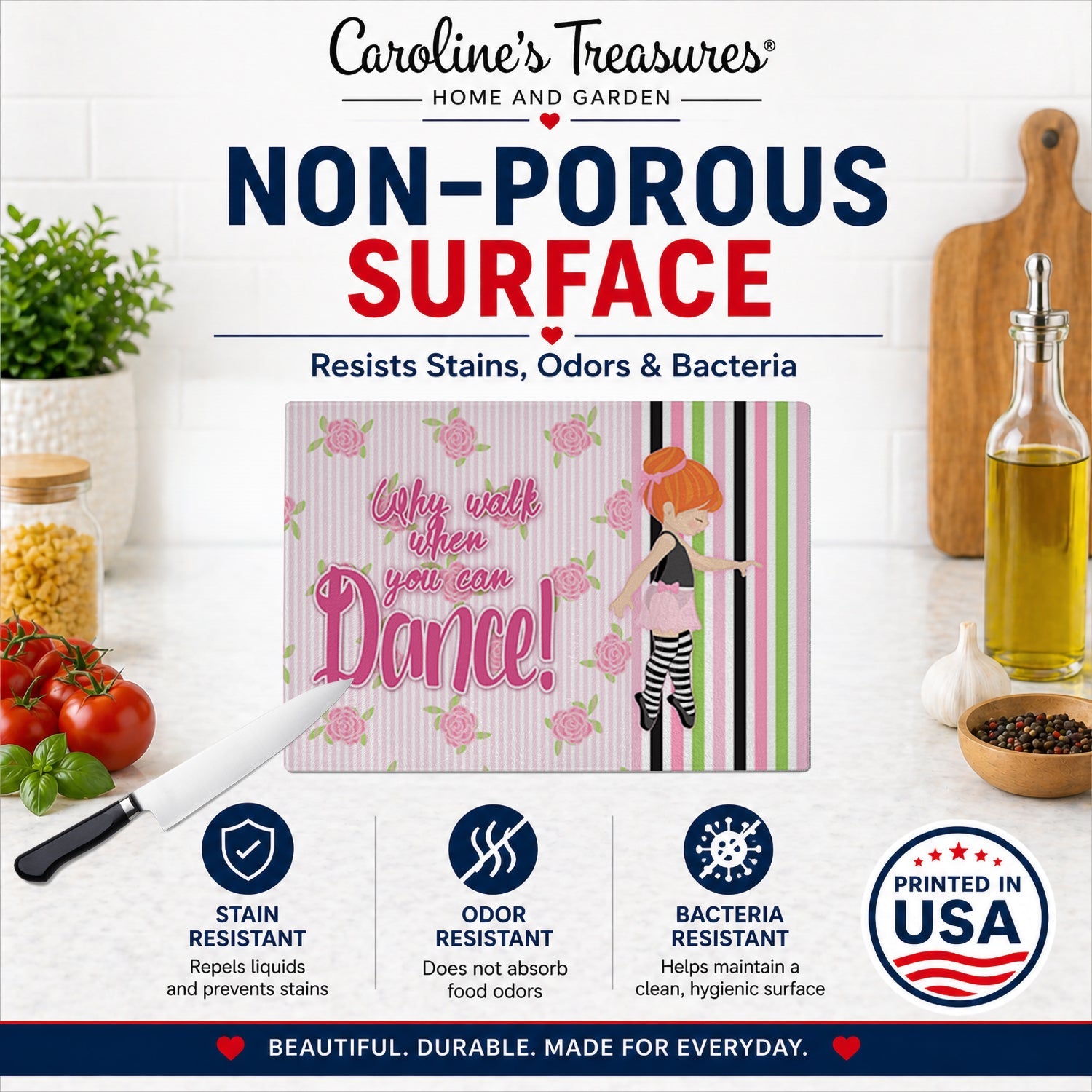 Ballet Dance Stripes Red Hair Cutting Board Tempered Glass Kitchen Cutting Surface, Heat Resistant Chopping, Non-Slip Feet, Food Prep & Serving
