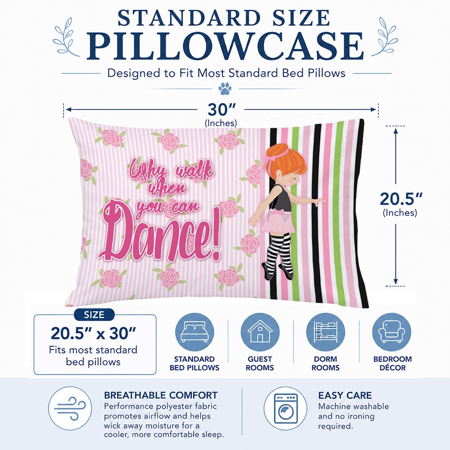 Ballet Dance Stripes Red Hair Standard Pillowcase Lightweight Super Soft Easy Care Decorative Artwork Pillowcase, Standard