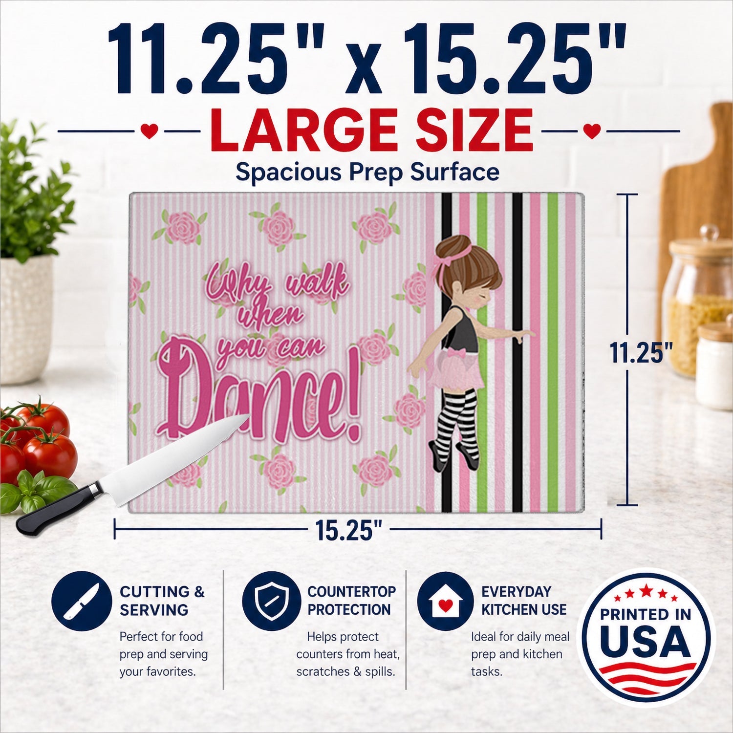 Ballet Dance Stripes Brunette Cutting Board Tempered Glass Kitchen Cutting Surface, Heat Resistant Chopping, Non-Slip Feet, Food Prep & Serving