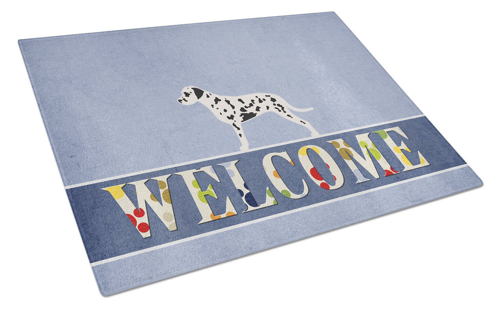 Dalmatian Welcome Cutting Board Tempered Glass Kitchen Cutting Surface, Heat Resistant Chopping, Non-Slip Feet, Food Prep & Serving