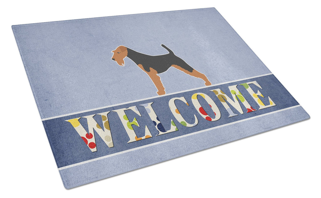 Welsh Terrier Welcome Cutting Board Tempered Glass Kitchen Cutting Surface, Heat Resistant Chopping, Non-Slip Feet, Food Prep & Serving